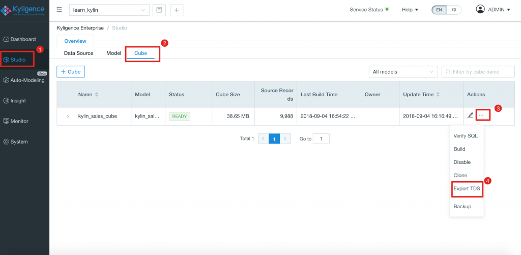 Exporting TDS Files from Kyligence Enterprise OLAP